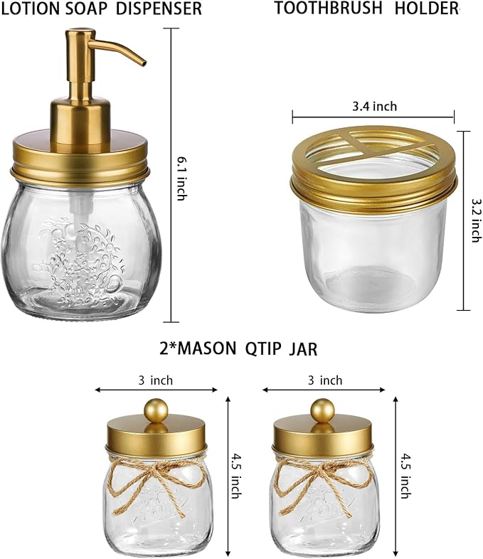 Amolliar Mason Jar Bathroom Accessories Set 4 Pcs -Lotion Soap Dispenser & 2 - Image 2