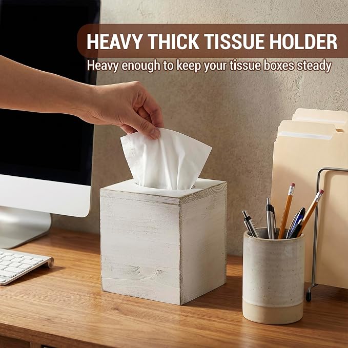 MyGift Vintage White Wood Tissue Box Cover Holder - Image 3