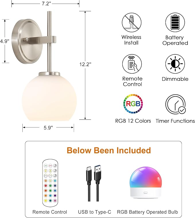 Brushed Nickel Battery Operated Wall Sconce Set of 2, Wireless Rechargeable - Image 6