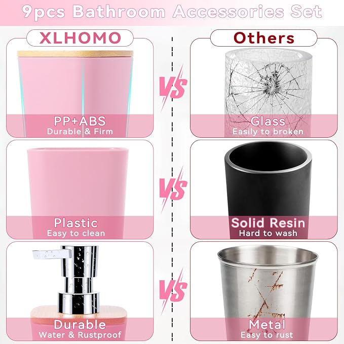 Bathroom Accessories Set, 9 Piece Pink Bathroom Decor Sets - Image 4