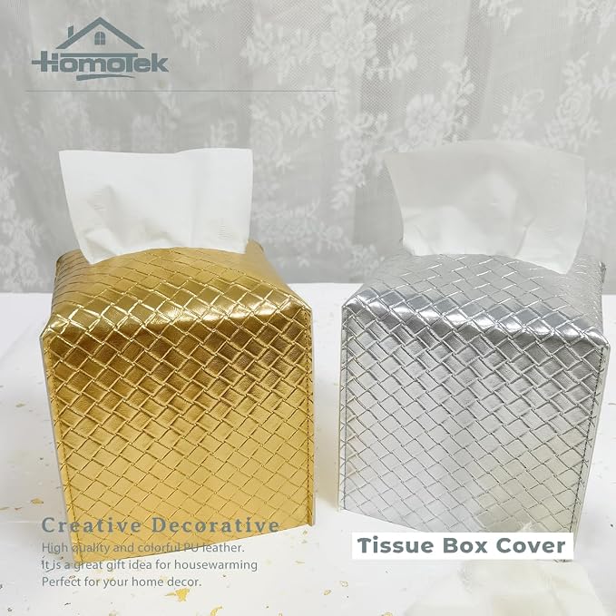 HOMOTEK 2 Pack Tissue Box Cover, Square PU Leather Tissue Holder, Decorative - Image 5