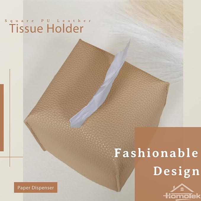 HOMOTEK 2 Pack Tissue Box Cover, Square PU Leather Tissue Holder, Decorative - Image 3