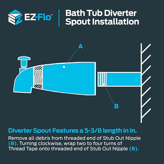 EZ-FLO 5 Inch Zinc Bath Tub Diverter Spout, 1/2 Inch IPS Pipe, Brushed Nickel - Image 7