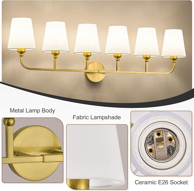 Bathroom Vanity Light, Brushed Gold Bathroom Light Fixtures, 6-Light Lighting - Image 7