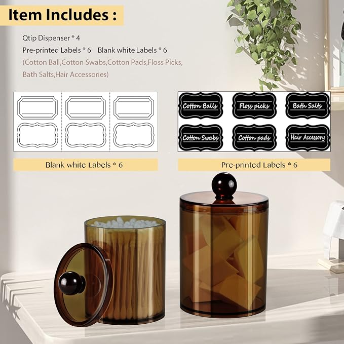 SheeChung 4-Pack Amber Acrylic Apothecary Jars - 15oz & 12oz Qtip Holder Set - - Image 5