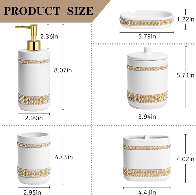 Bathroom Accessories Set with Diamonds 5 Pieces Toothbrush Holder Soap - Image 2