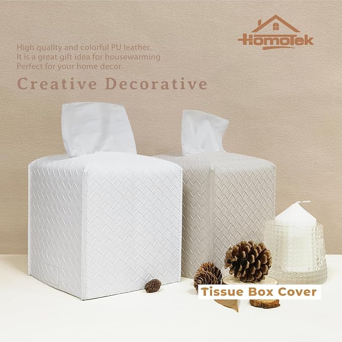 HOMOTEK 2 Pack Tissue Box Cover, PU Leather Tissue Holder, Square Decorative - Image 6