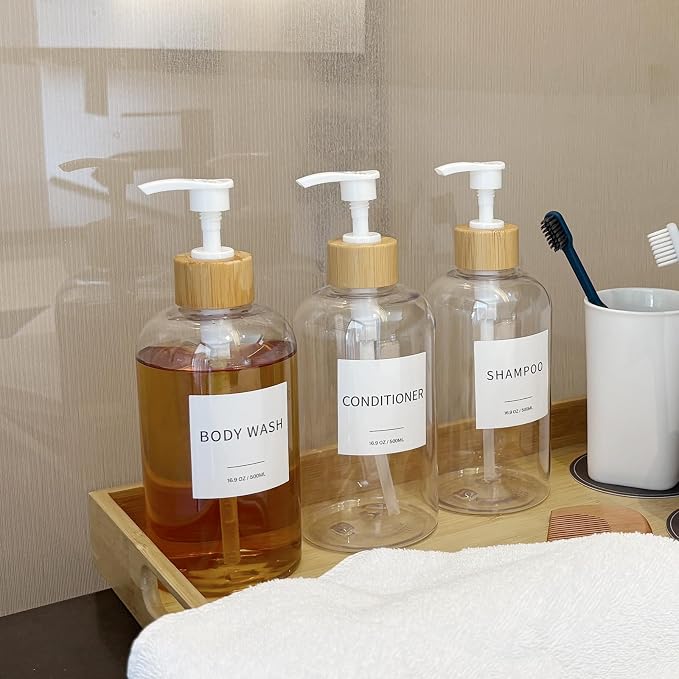 Shampoo and Conditioner Dispenser, Refillable Plastic Shampoo Pump Bottles - Image 6