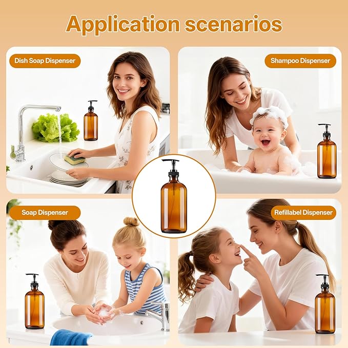 Vitreaux 16oz Amber Glass Soap Dispenser, 2 Pack Refillable Hand Soap Dispenser - Image 4