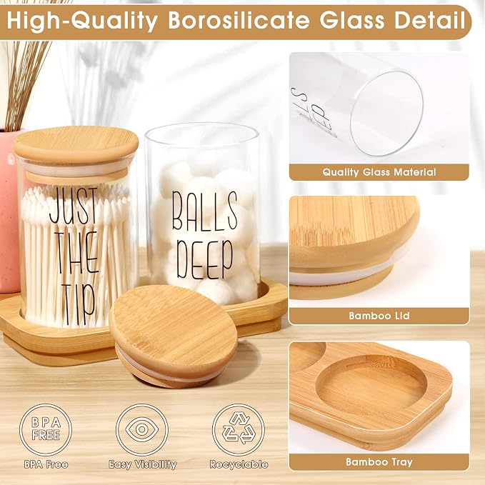 Funny Qtip Holder Dispenser 2 Pack Glass Apothecary Jars Canisters - Image 3