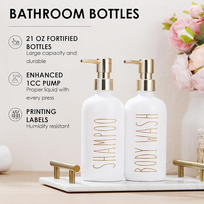 HOMCDALY Shampoo and Conditioner Dispenser Set of 3, 21oz Shower Soap Bottles - Image 3