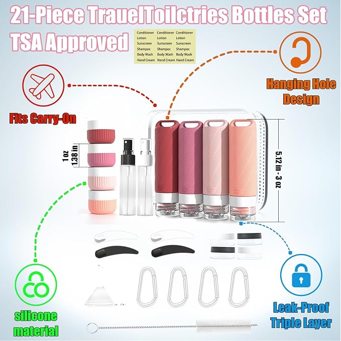 26 Pieces Travel Size Toiletries Bottles Set, Tsa Approved Leakproof Refillable - Image 2