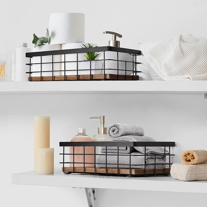 TJ.MOREE 2-Pack Small Metal Wire Basket, Decorative Wood Base Organizer - Image 6