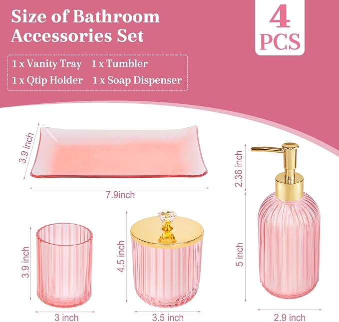 Pink Bathroom Accessories Set 4PCS Glass Bathroom Accessories Set - Image 4
