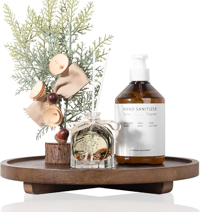 Round Decorative Tray Wood Bathroom Counter Organizer Farmhouse Kitchen Decor - Image 5