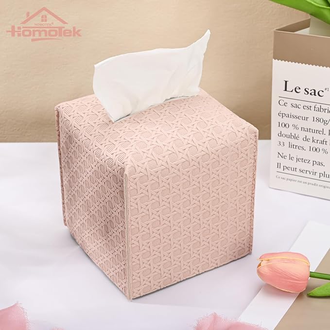 HOMOTEK 2 Pack Tissue Box Cover, Square PU Leather Tissue Holder, Decorative - Image 2
