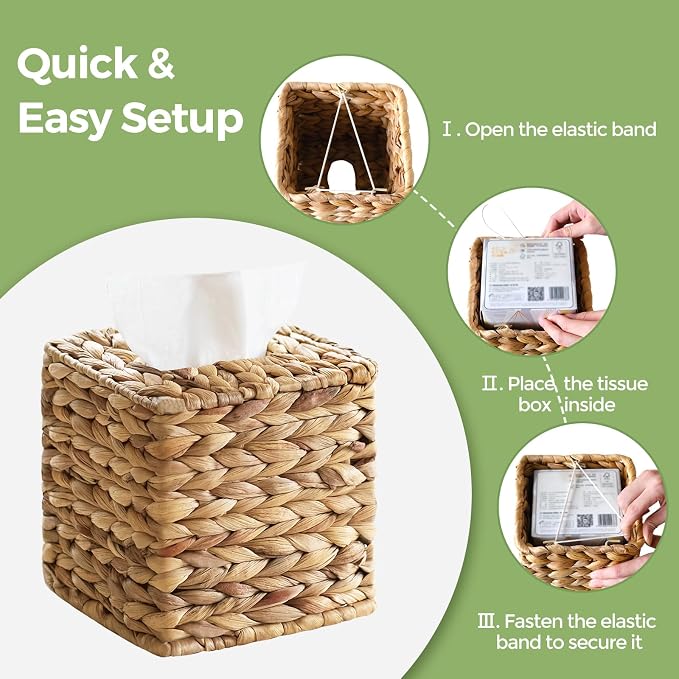 2 Pack Rattan Tissue Box Cover Square, Wicker Tissue Box Holder Facial Tissues - Image 7