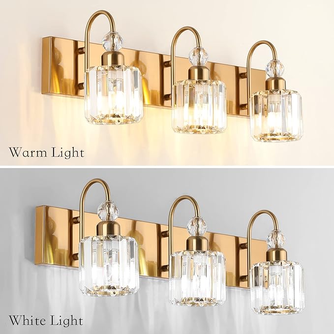 Ralbay Brass Gold Bathroom Vanity Lights 3-Lights Brass Gold Crystal Vanity - Image 3