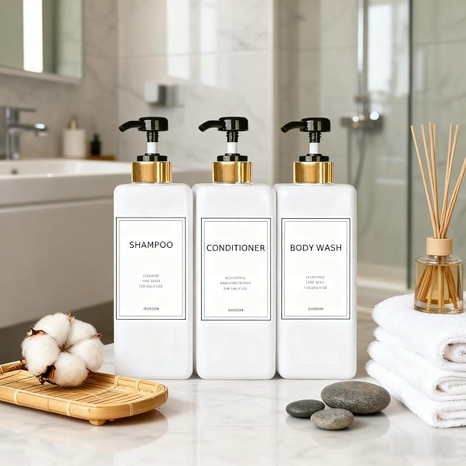 Modern Gold Shampoo and Conditioner Dispenser Refillable Pump Bottle Set Empty - Image 2
