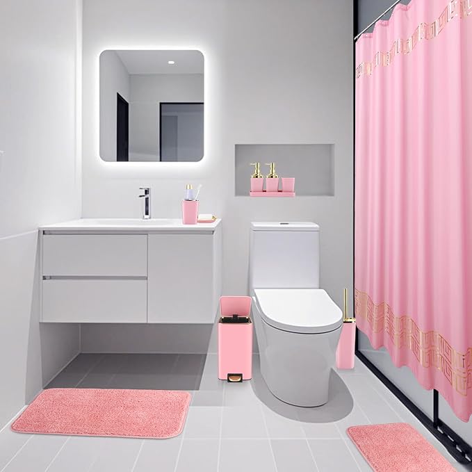 Bathroom Sets with Shower Curtain and Rugs Bathroom Accessories Set Pink - Image 6