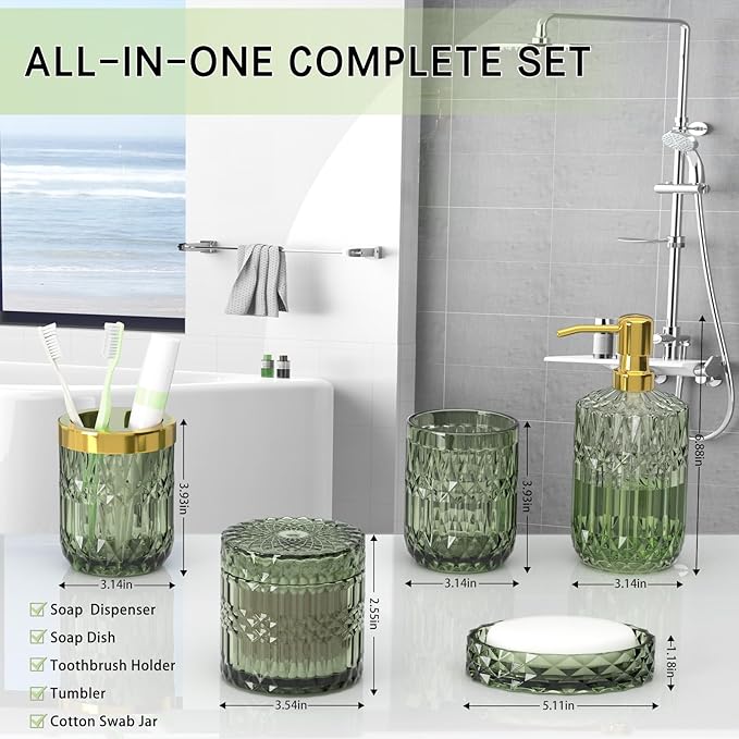 Green Glass Bathroom Accessories Set 5 Pcs, Soap Dispenser and Toothbrush - Image 6