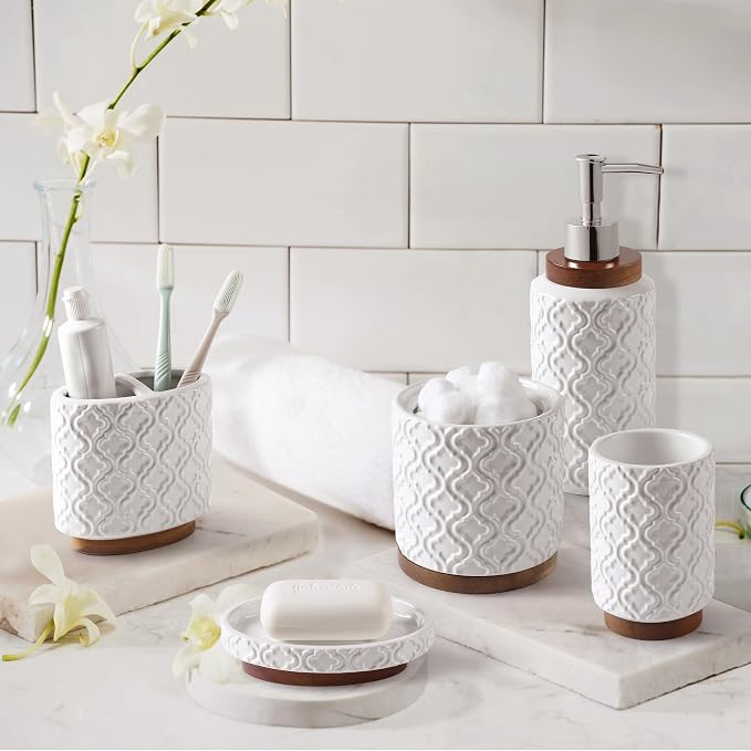 Elegant Bathroom Accessories Set 5 PCS Ceramic and Wood Bathroom Accessory Set - Image 5