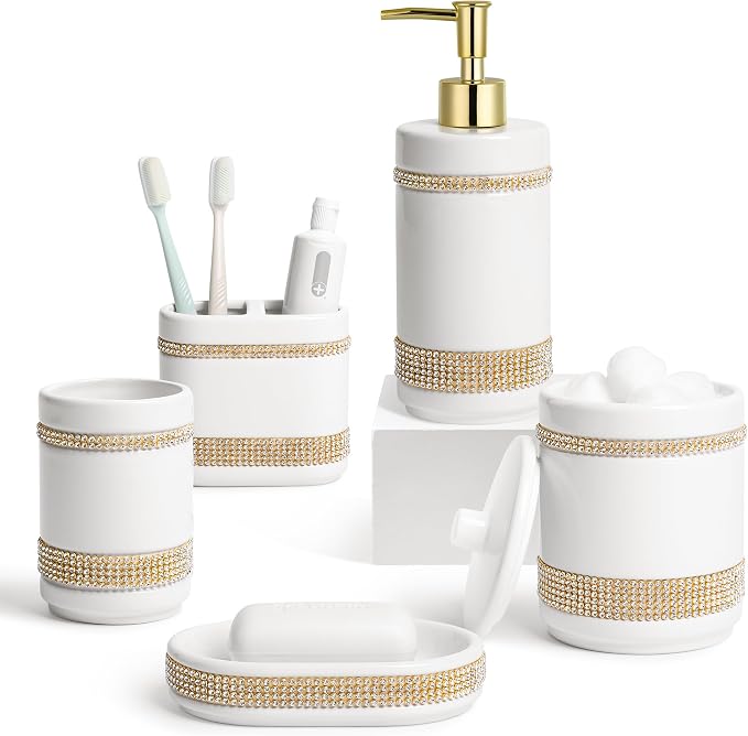 Bathroom Accessories Set with Diamonds 5 Pieces Toothbrush Holder Soap by RQYIXI