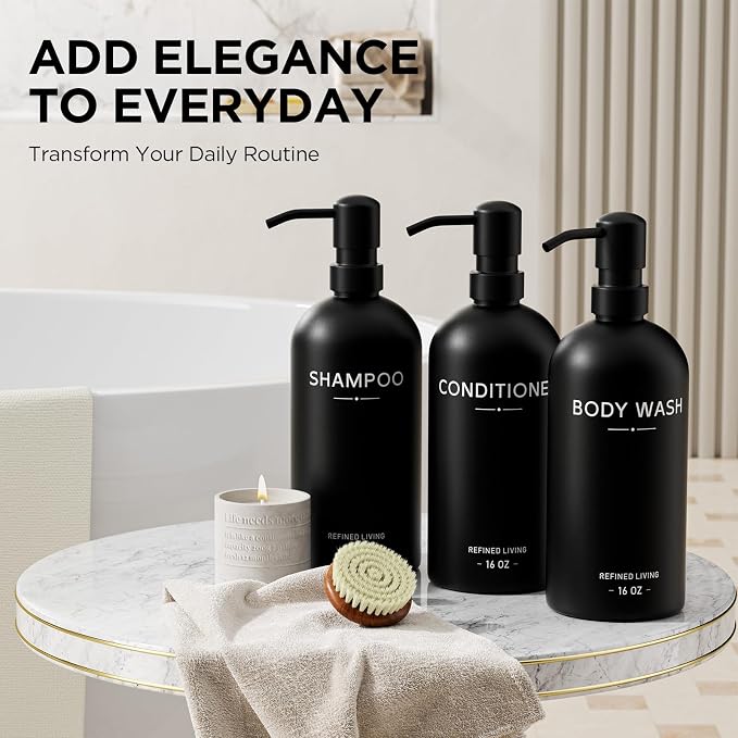 Shampoo and Conditioner Dispenser Set, 3 Refillable 16oz Bottles - Image 3
