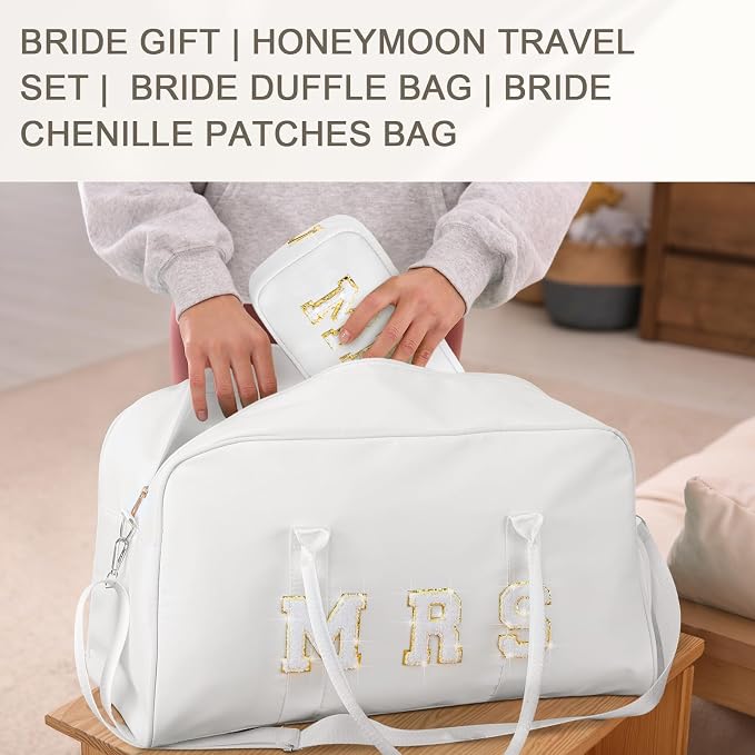 2 Pcs Wedding Weekender Bag Bride Groom Duffle Bag Chenille Letter Patch Travel - Image 5
