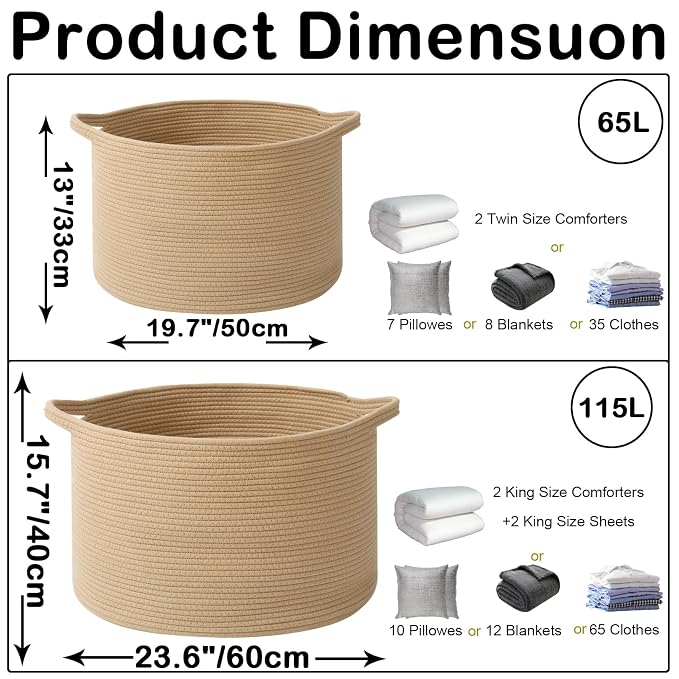 115L Large Blanket Basket, 23.6" L x 23.6" W x 15.7" H Rope Woven Baskets - Image 2