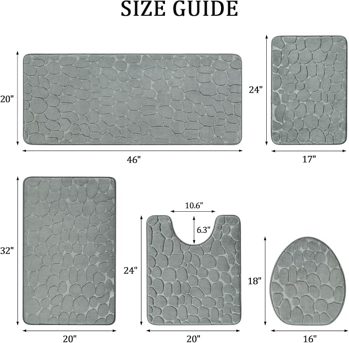 YIHOUSE Bathroom Rugs Mat Set 5 Piece Light Grey, Memory Foam Bath Mats Sets - Image 2
