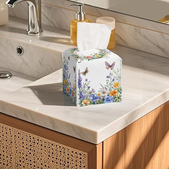 Wildflower Tissue Box Cover Colorful Spring Butterfly Garden Leather Tissue Box - Image 5