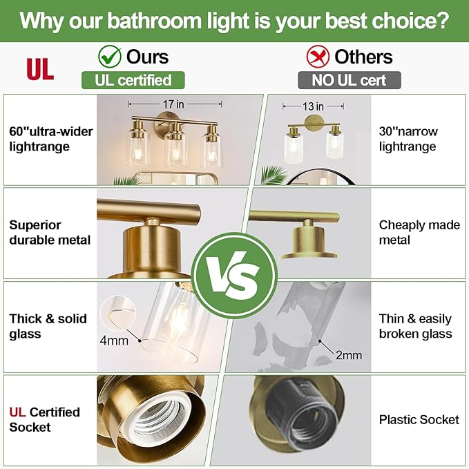 3-Light Bathroom Light Fixtures, Brushed Brass Bathroom Wall Lights - Image 2