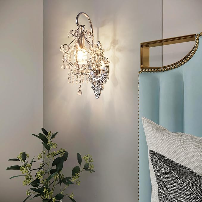 Silver Crystal Vintage Wall Sconces Set of 2 Indoor Hardwired Wall Light Fixture - Image 8