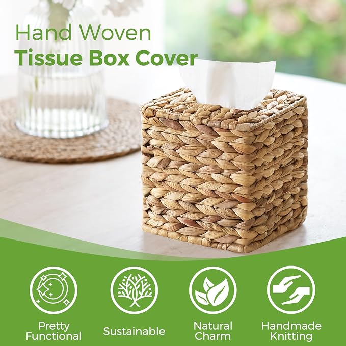 2 Pack Rattan Tissue Box Cover Square, Wicker Tissue Box Holder Facial Tissues - Image 2