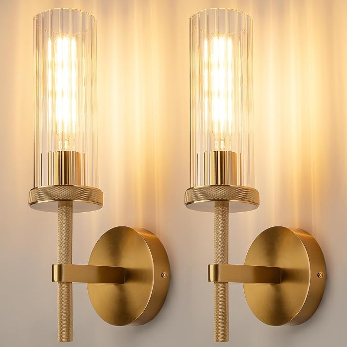 15" Knurled Gold Hardwired Wall Sconces Set of 2, Bathroom Vanity Light Fixtures by LightSpeaksFuture