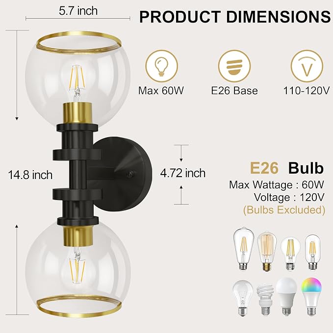 Modern Bathroom Light Fixtures, 2-Light Vanity Lights Set of 2, Hardwired - Image 9