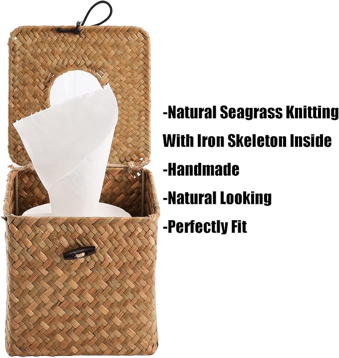 Yesland 2 Pack Square Seagrass Facial Tissue Box - Image 2