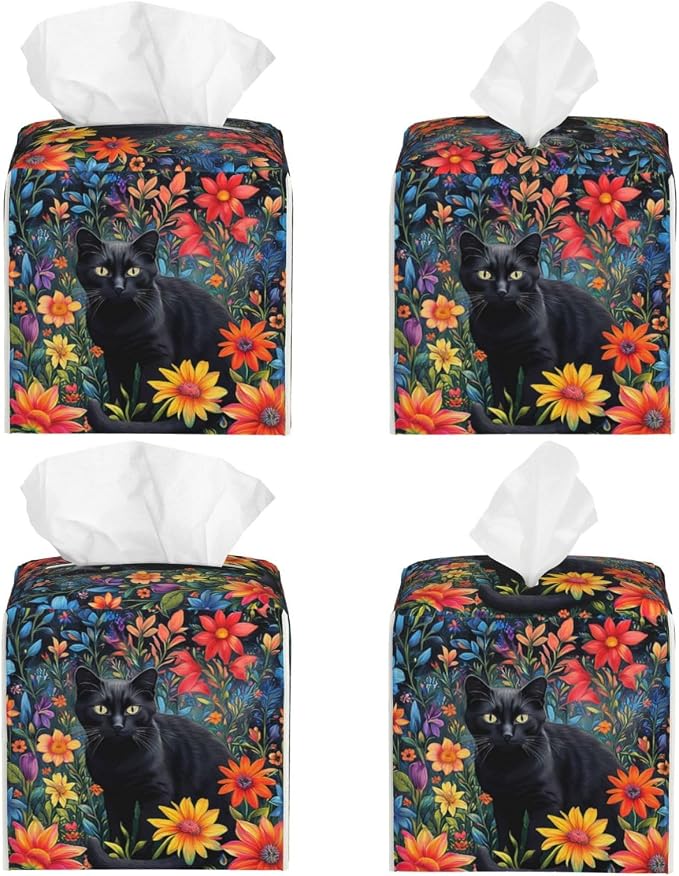 Colorful Florals Black Cat Tissue Box Cover Flower Daisy Square Leather Tissue - Image 2