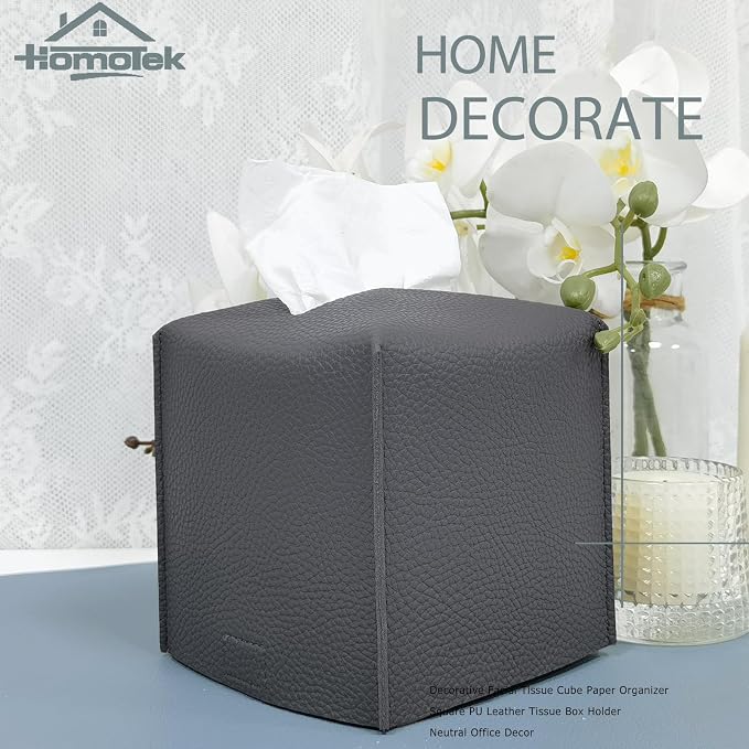HOMOTEK 2 Pack Tissue Box Cover, Square PU Leather Tissue Holder, Decorative - Image 3