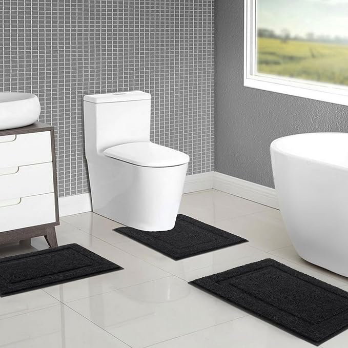 SHACOS Black Bathroom Rugs Sets 3 Piece, Soft Fluffy Water Absorbent Bath Rugs - Image 2
