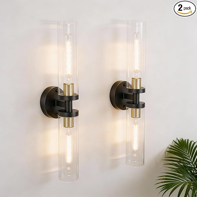 Black and Gold Wall Sconces Set of 2, Hardwired Bathroom Light Fixtures by Phaosio