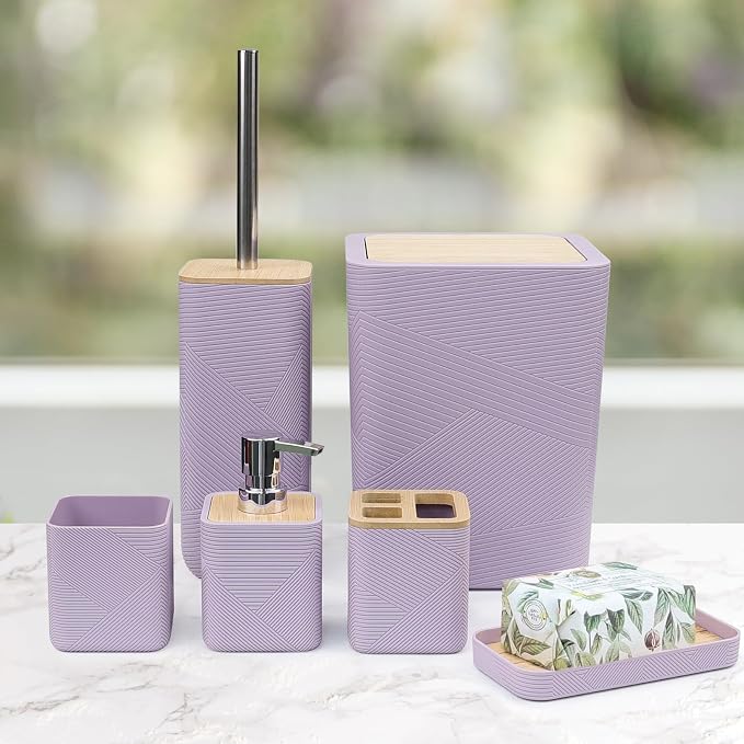 CERBIOR Bathroom Accessories Set 6 Piece Bamboo Bath Ensemble Includes Soap - Image 2