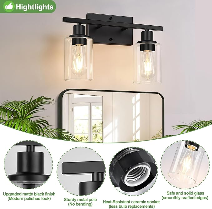 Matte Black 2-Light Bathroom Vanity Light - Image 3