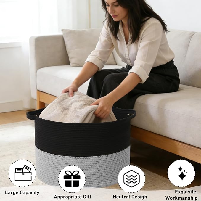 115L Large Blanket Basket, 23.6"L x 23.6"W x 15.7"H Rope Woven Baskets - Image 4