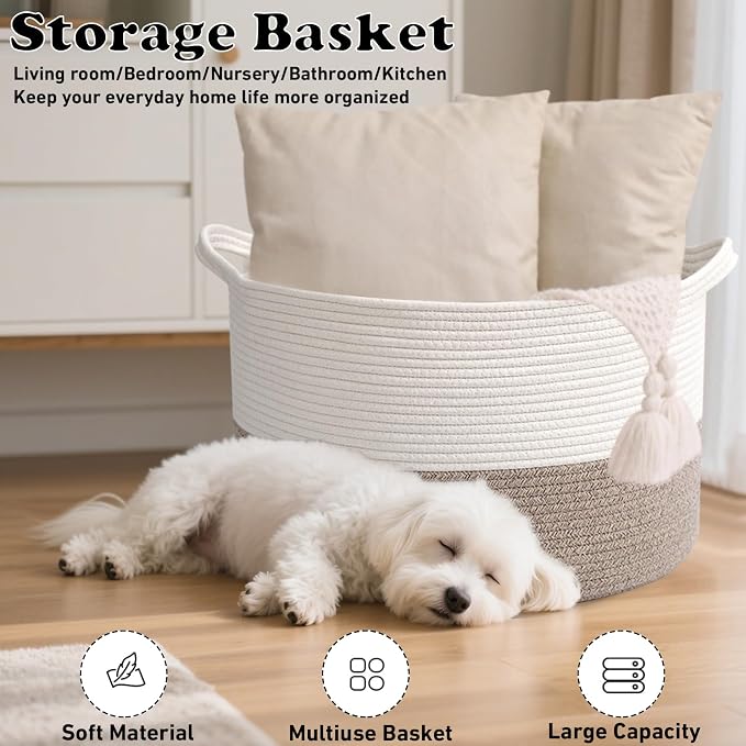 65L Large Blanket Basket, 19.7" L x 19.7" W x 13" H Rope Woven Baskets - Image 6