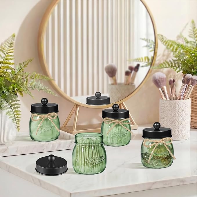 SheeChung Green Glass Qtip Holder Dispenser, Mason Jar Apothecary Jars - Image 5