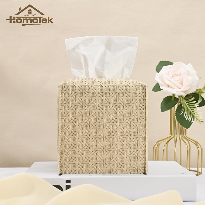 HOMOTEK 2 Pack Tissue Box Cover, Square PU Leather Tissue Holder, Decorative - Image 4