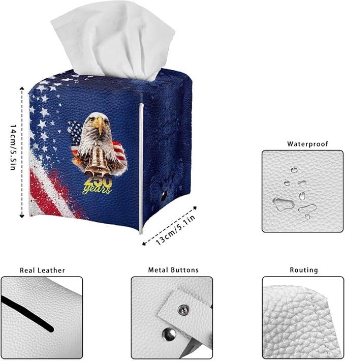 American 250 Years Tissue Box Holder Waterproof PU Leather Square Tissue Box - Image 7