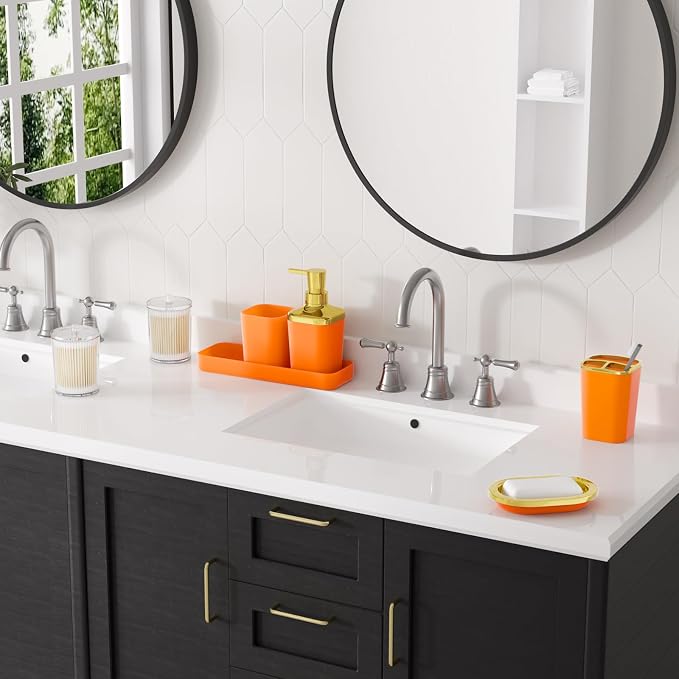 Orange Bathroom Accessories Set, Soap Dispenser, Soap Dish, Toothbrush Holder - Image 2